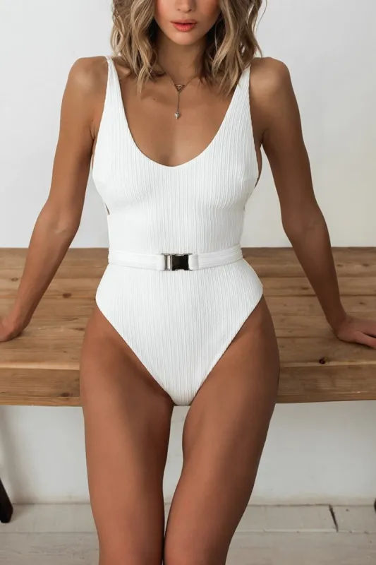 White V-neck Belted One Piece Swimsuit sold by Floralkini