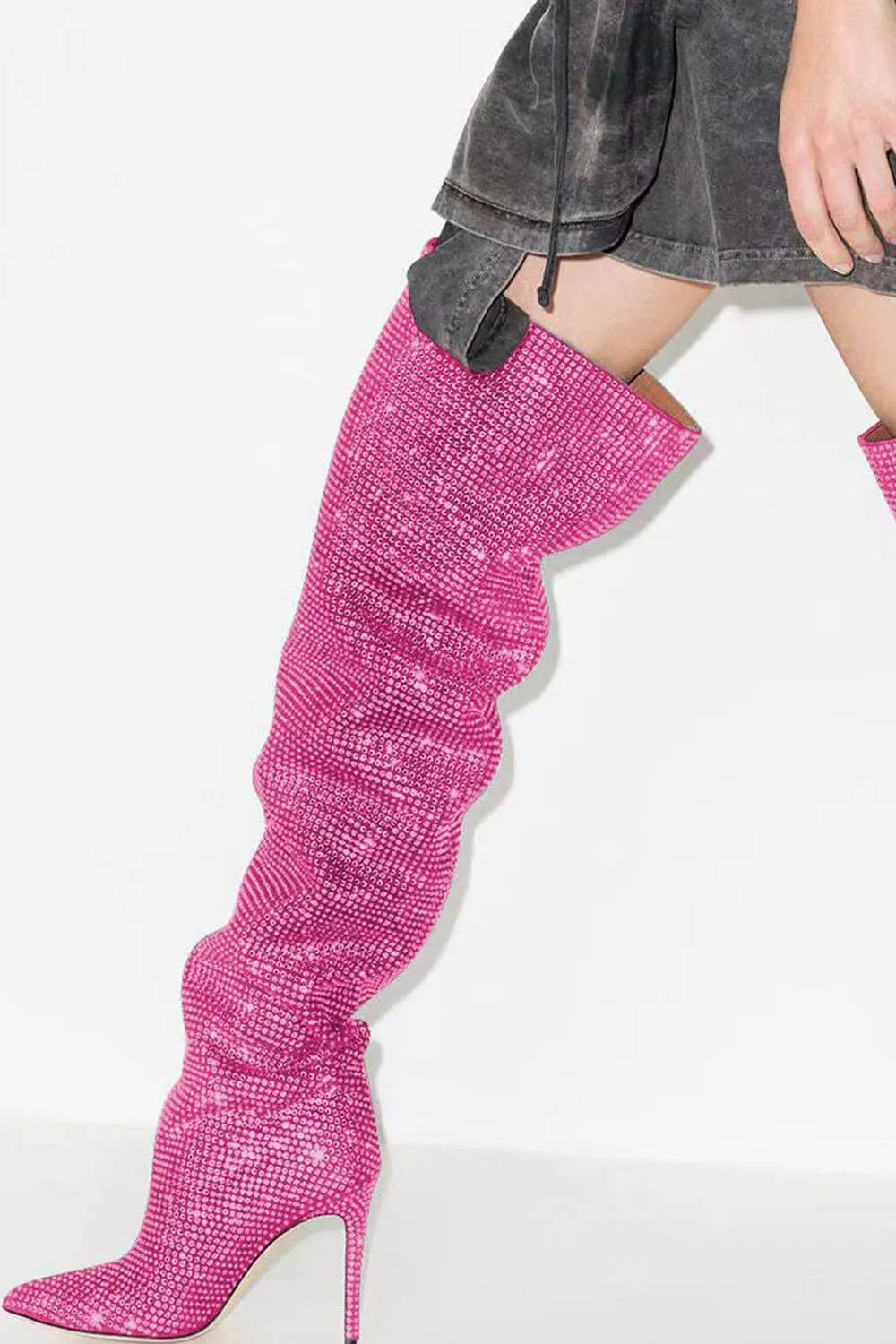 Crystal-Embellished Point Toe Over The Knee Slouch Stiletto Heeled Boots - Hot Pink sold by Floralkini