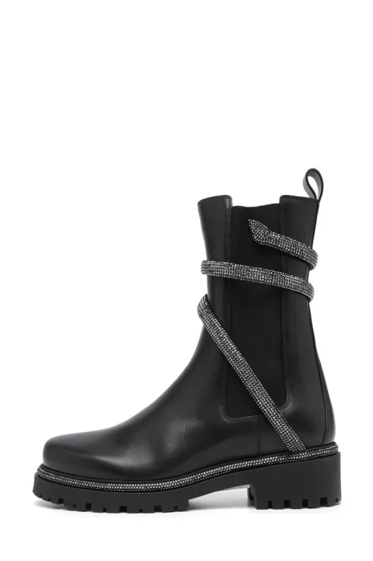 Snake-Embellished Leather Chunky Sole Ankle Chelsea Boots sold by Floralkini