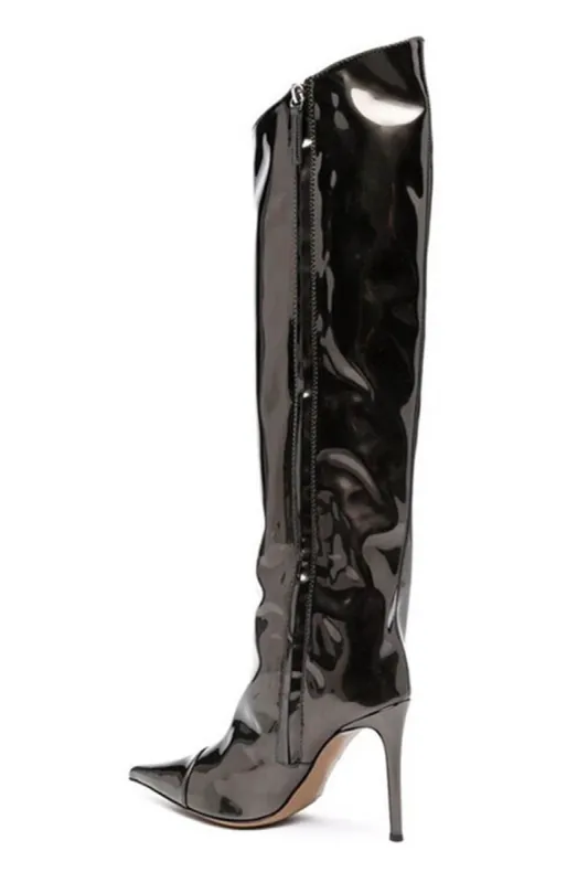 Metallic Finish Knee-High Pointed Toe Stiletto Boots - Dark Grey sold by Floralkini