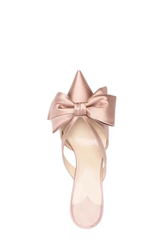 Champagne Satin Low Heeled Mules With Bow Detailing sold by Floralkini