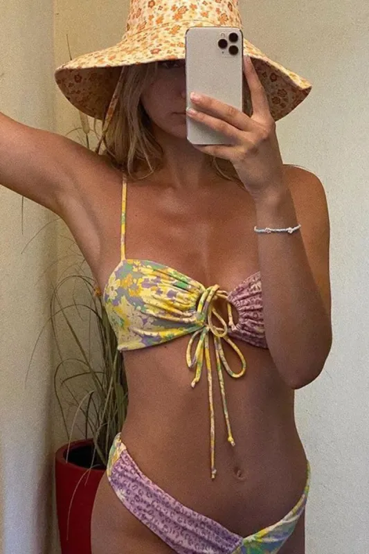 Leopard Daisy Print Tie Front Bandeau Bikini Set sold by Floralkini