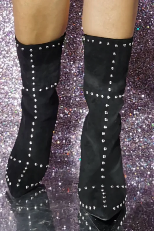 Black Faux Suede Studded Stiletto Ankle Boots sold by Floralkini