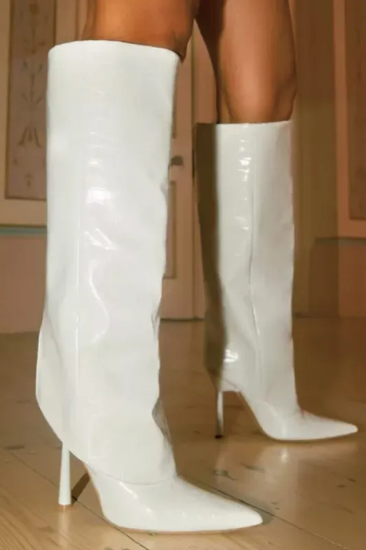 Faux Leather Folded Over Heeled Knee High Long Boots - Ivory sold by Floralkini