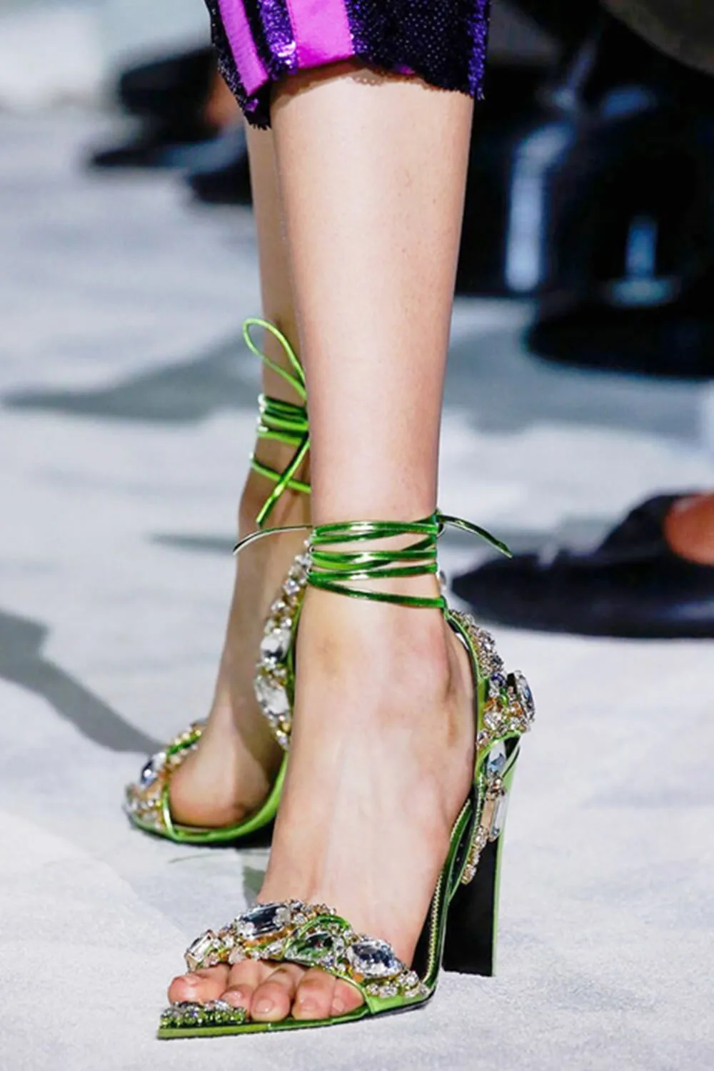 Metallic Crystal-Embellished Poiny Jewel Lace Up Stiletto Heeled Sandals - Green sold by Floralkini product image thumbnail 2