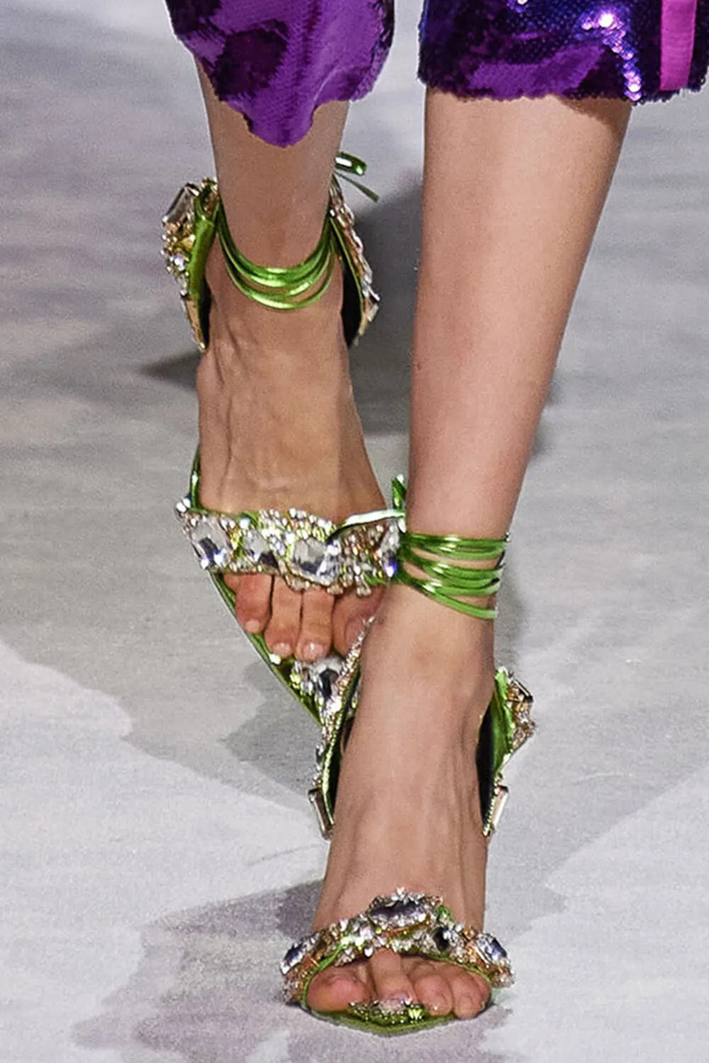 Metallic Crystal-Embellished Poiny Jewel Lace Up Stiletto Heeled Sandals - Green sold by Floralkini