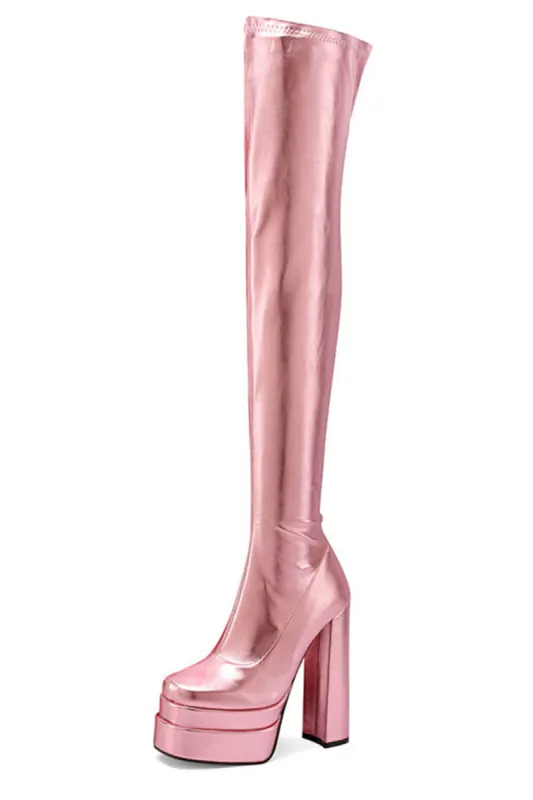 Metallic Faux Leather Double Platform Block Heel Thigh High Boots - Pink sold by Floralkini