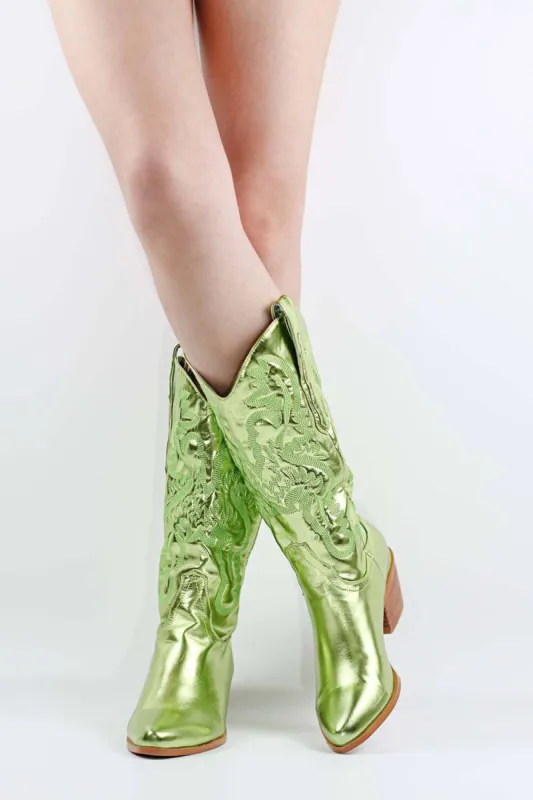 Green Metallic Mid-Calf Western Cowboy Pointed Toe Block Heeled Boot sold by Floralkini