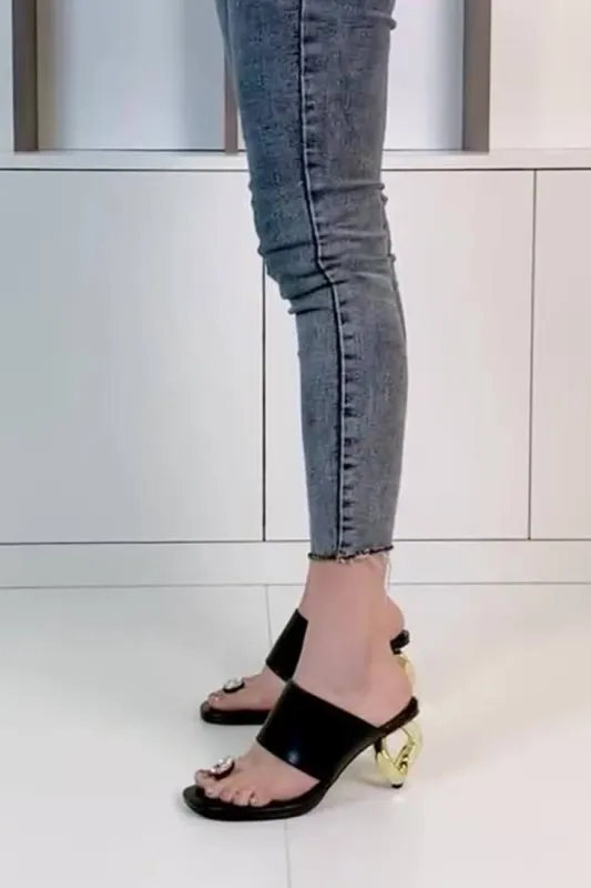 Diamond Faux Leather Square Toe Chain Heel Sandal - Black sold by Floralkini