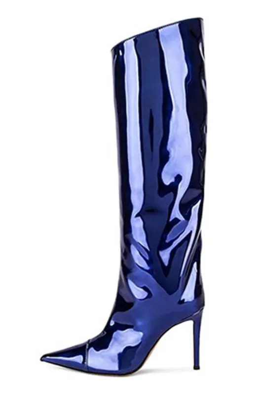 Metallic Finish Knee-High Pointed Toe Stiletto Boots - Dark Blue sold by Floralkini