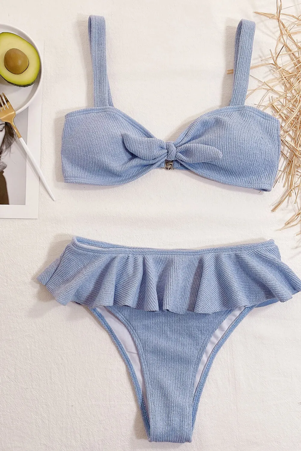 Light Blue Ribbed Ruffle High Waist Bikini Bottom sold by Floralkini product image thumbnail 3