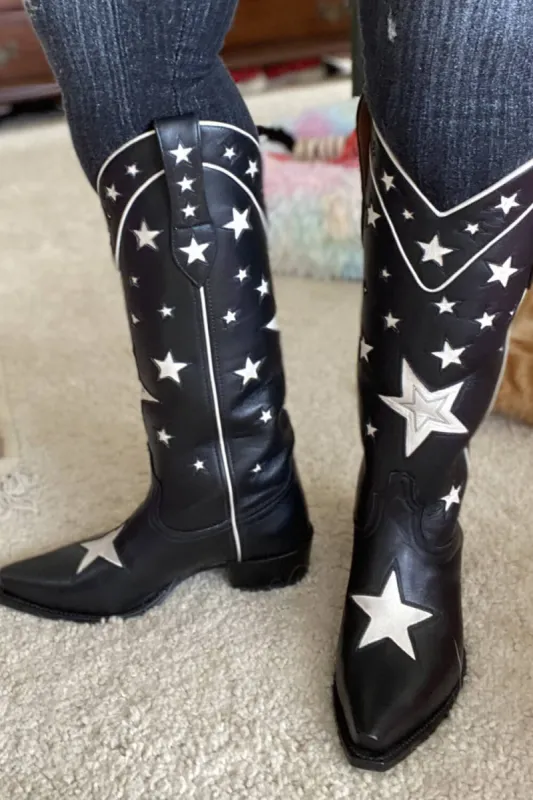 Stars Pointed Toe Long Western Cowboy Knee Block Boots - Black sold by Floralkini