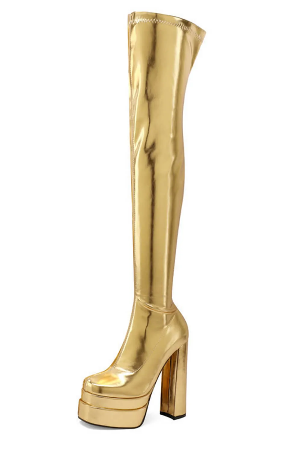 Metallic Faux Leather Double Platform Block Heel Thigh High Boots - Gold sold by Floralkini