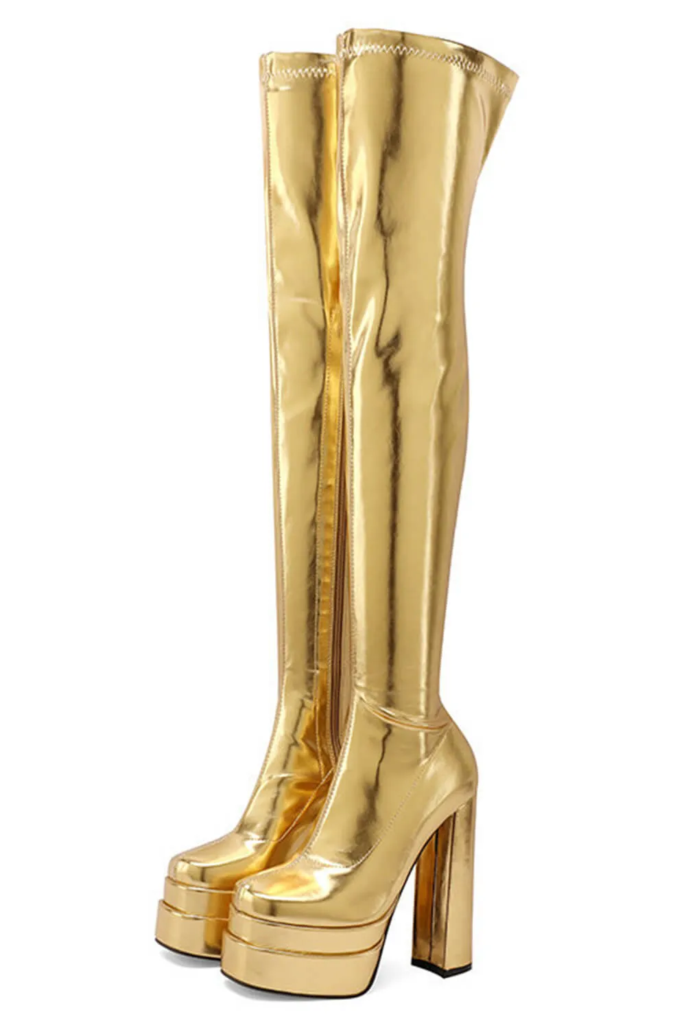 Metallic Faux Leather Double Platform Block Heel Thigh High Boots - Gold sold by Floralkini product image thumbnail 2