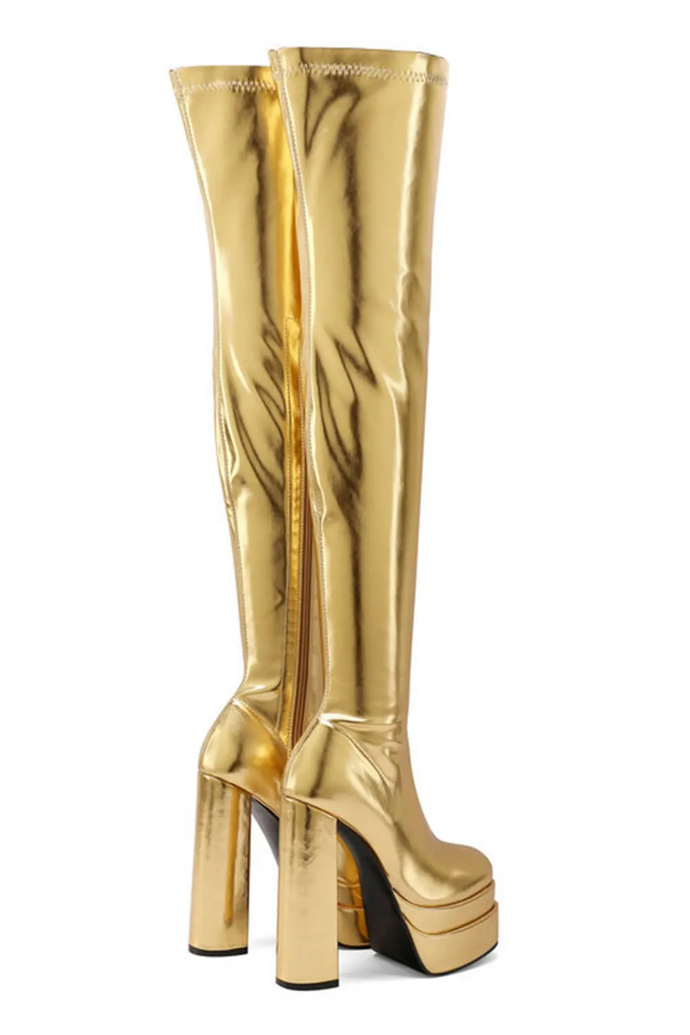 Metallic Faux Leather Double Platform Block Heel Thigh High Boots - Gold sold by Floralkini product image thumbnail 3
