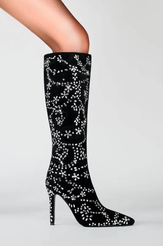 Rhinestone Embellished Faux Suede Pointed Toe Knee High Stiletto Boots sold by Floralkini