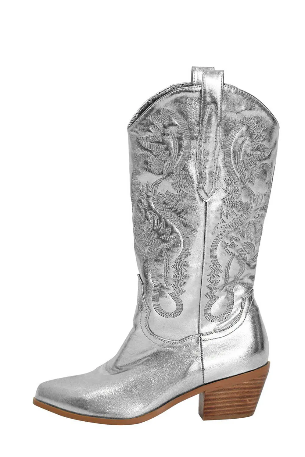 Silver Metallic Mid-Calf Western Cowboy Pointed Toe Block Heeled Boot sold by Floralkini