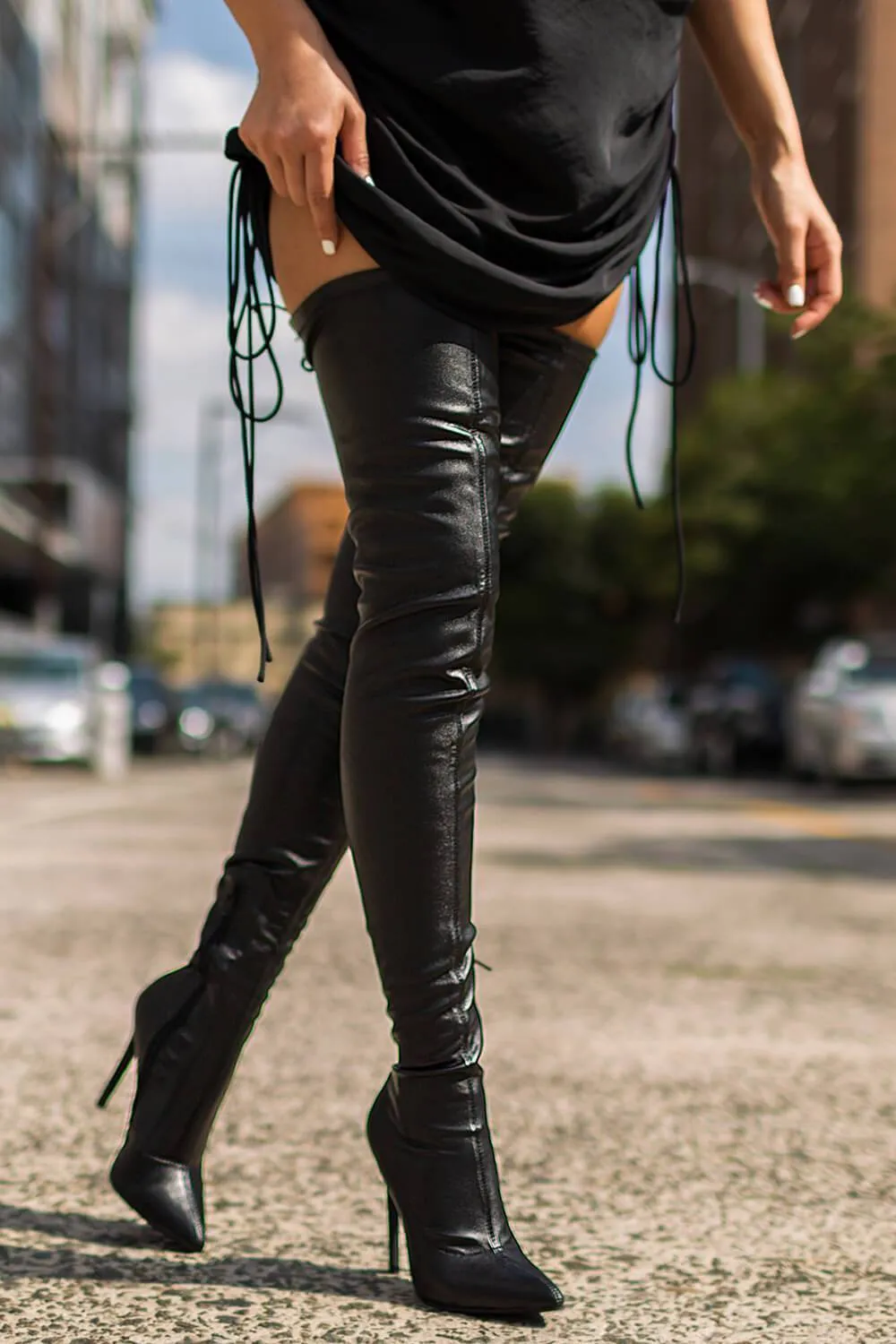 Black Pu Back Tie Thigh High Stiletto Boots sold by Floralkini product image thumbnail 2