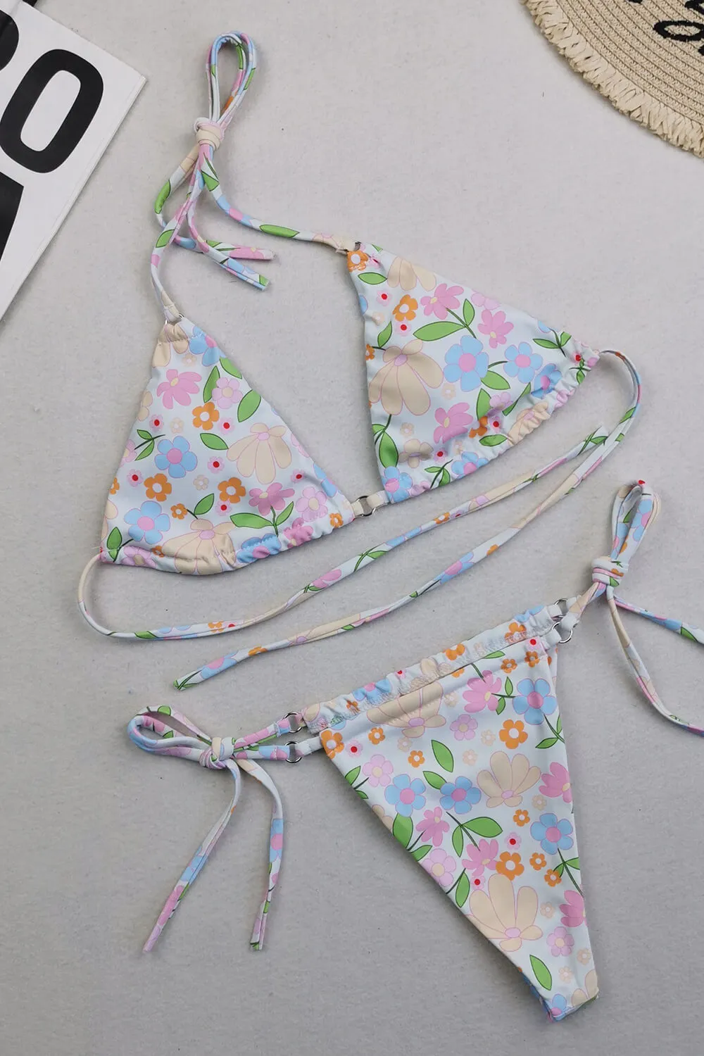 Halter Triangle Tie Side Bikini Set With Ring Detailing - Retro Flowers sold by Floralkini product image thumbnail 4