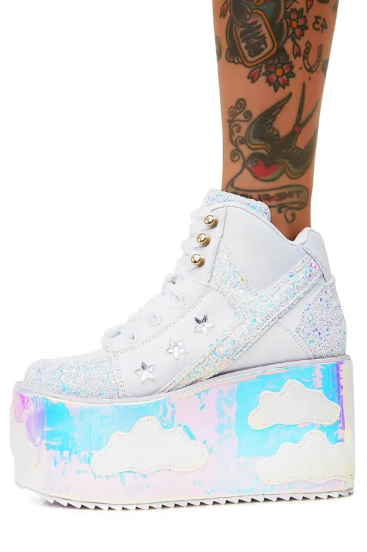 Sky Glitter Platform Lace Up Boots With Cloud Patches Detailing - White sold by Floralkini