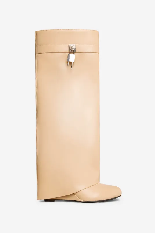 Faux Leather Padlock Detail Folded Wedge Heel Knee High Long Boots - Nude sold by Floralkini