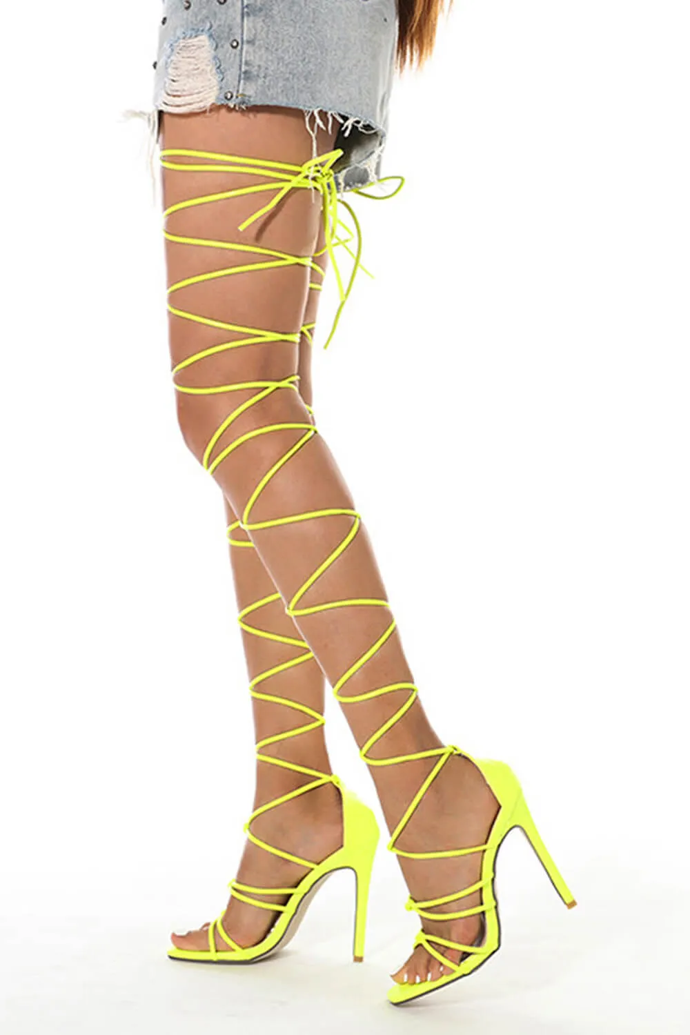 Lace-Up Over Knee Knot Stiletto Heels - Neon Yellow sold by Floralkini product image thumbnail 2