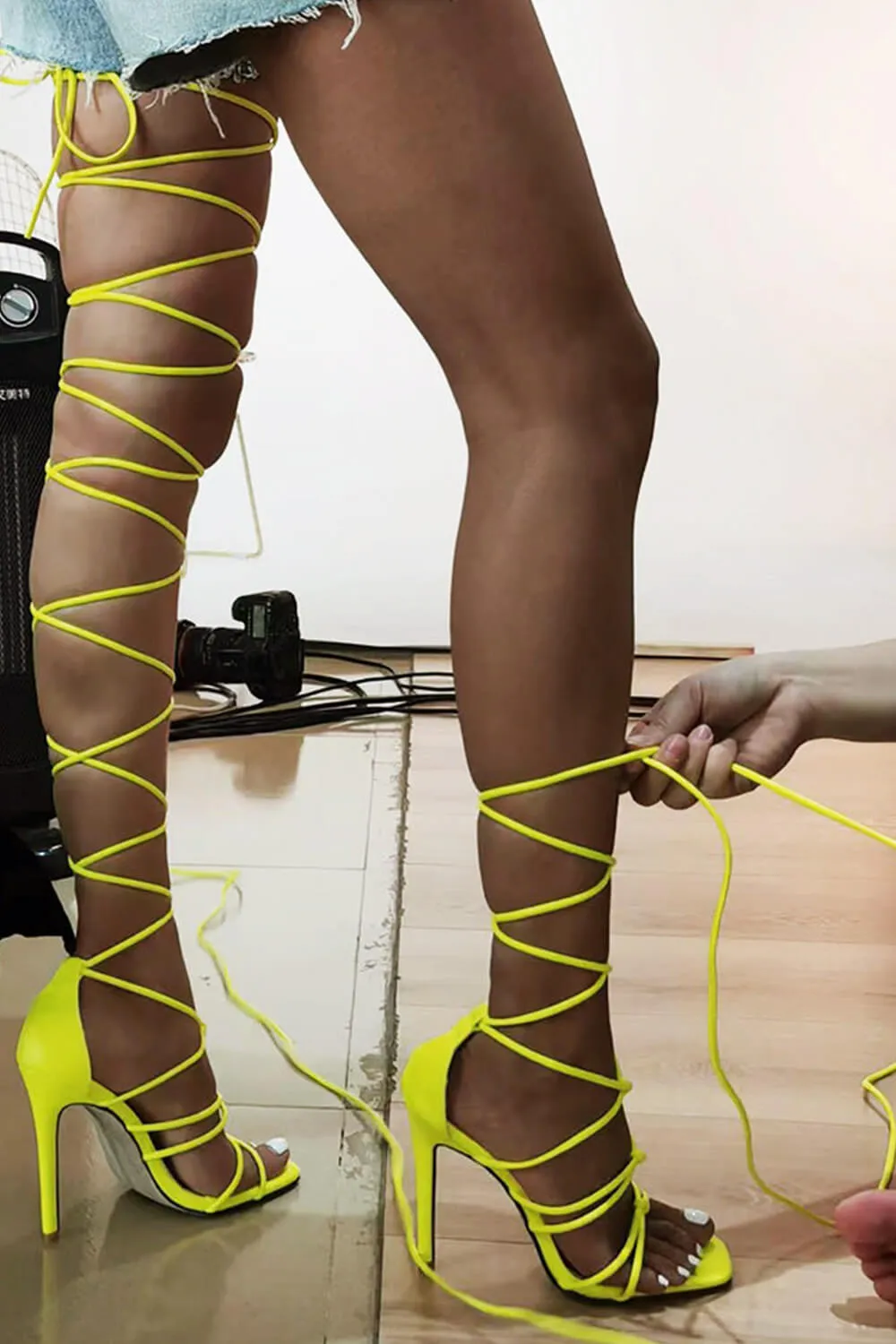 Lace-Up Over Knee Knot Stiletto Heels - Neon Yellow sold by Floralkini product image thumbnail 5