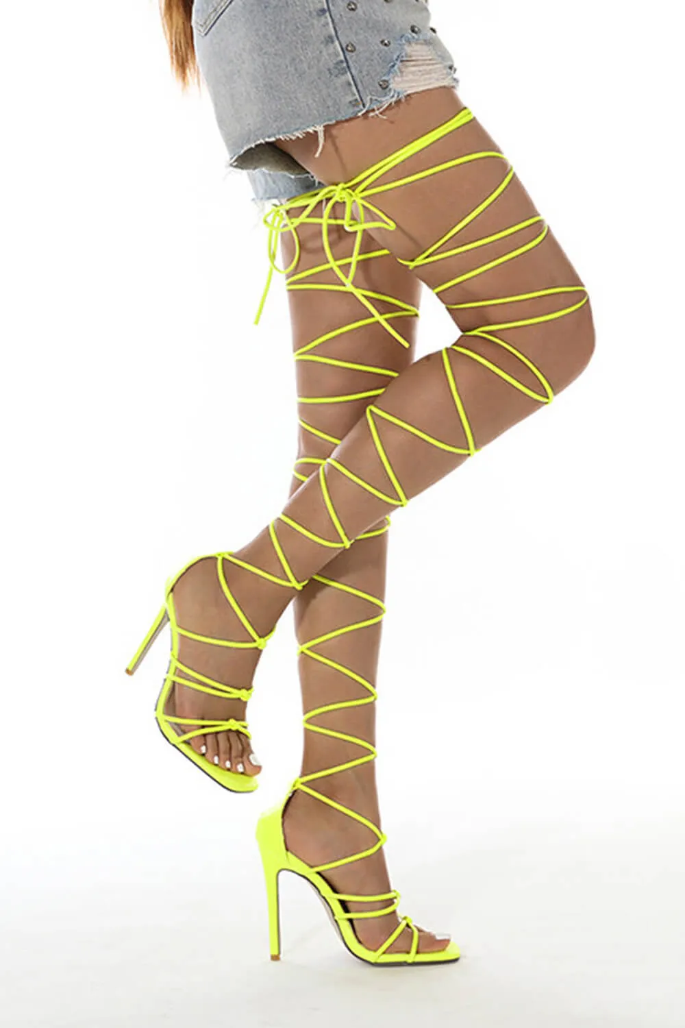 Lace-Up Over Knee Knot Stiletto Heels - Neon Yellow sold by Floralkini product image thumbnail 3