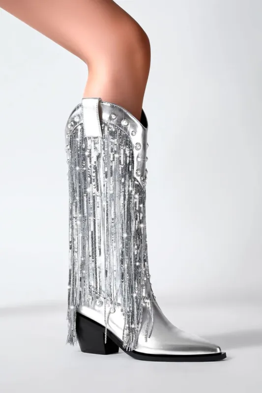 Silver Metallic Patent Sequined Fringe Western Mid-Calf Bootie sold by Floralkini