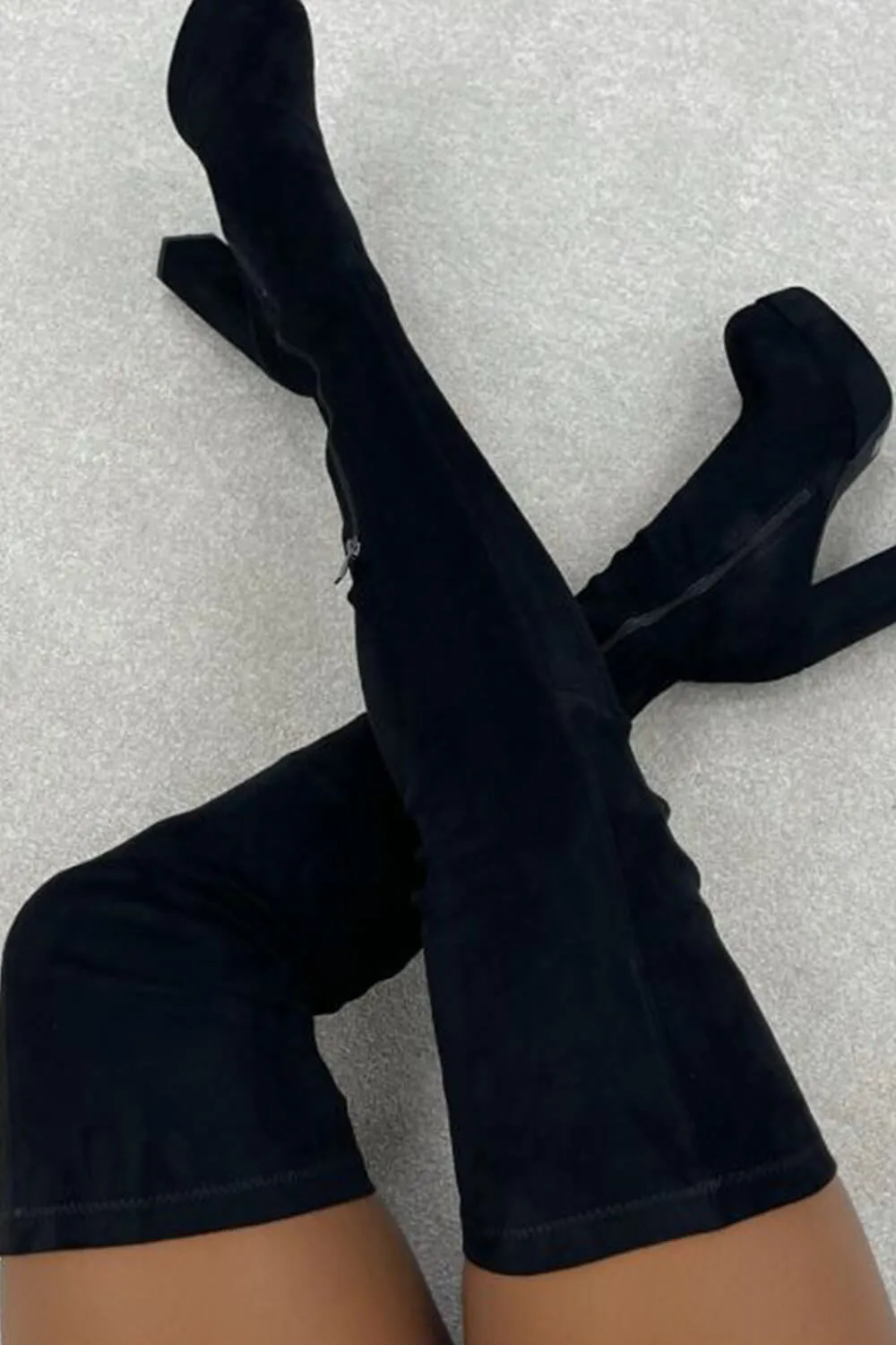 Black Faux Suede Platform Block Heel Thigh High Boots sold by Floralkini