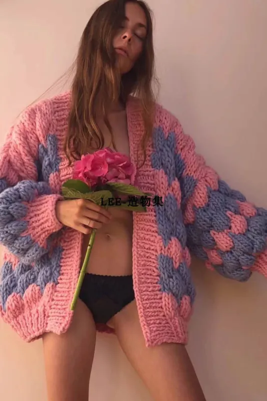 Two-Tone Balloon Sleeve Open Front Gauge Knit Cardigan - Pink & Blue sold by Floralkini