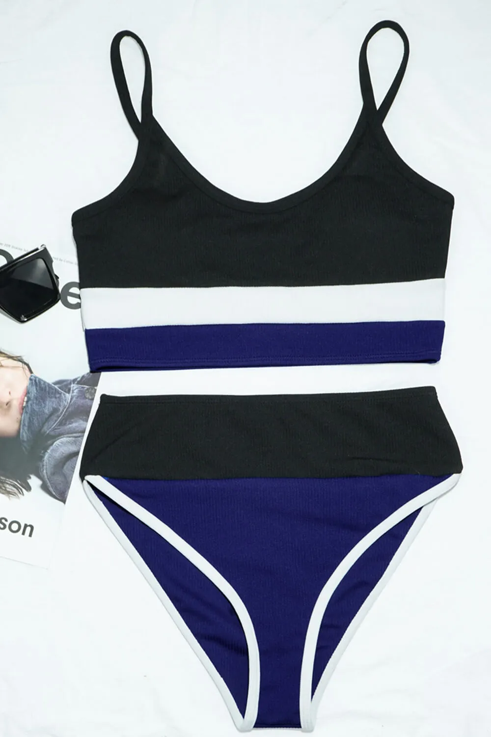 Colorblock Rib Sporty High-Waist Bikini Set - Black&White&Blue sold by Floralkini product image thumbnail 2