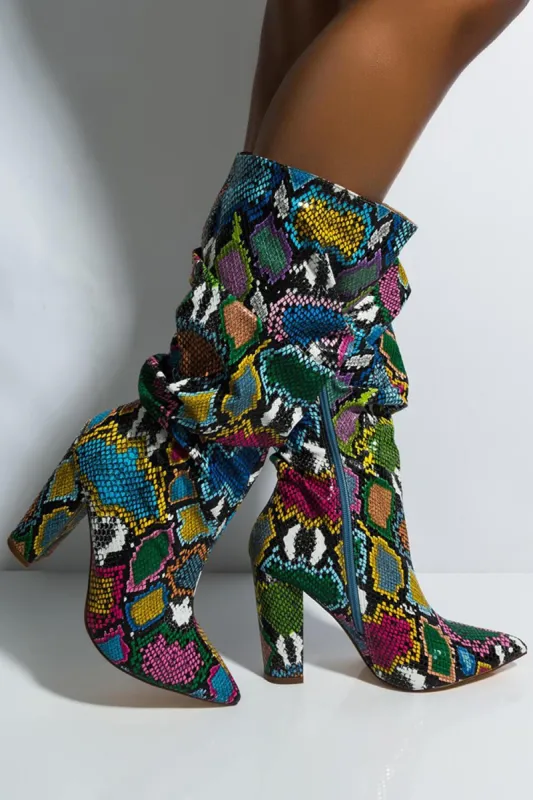 Multi-Colored Python Print Ruched Knee High Boots sold by Floralkini