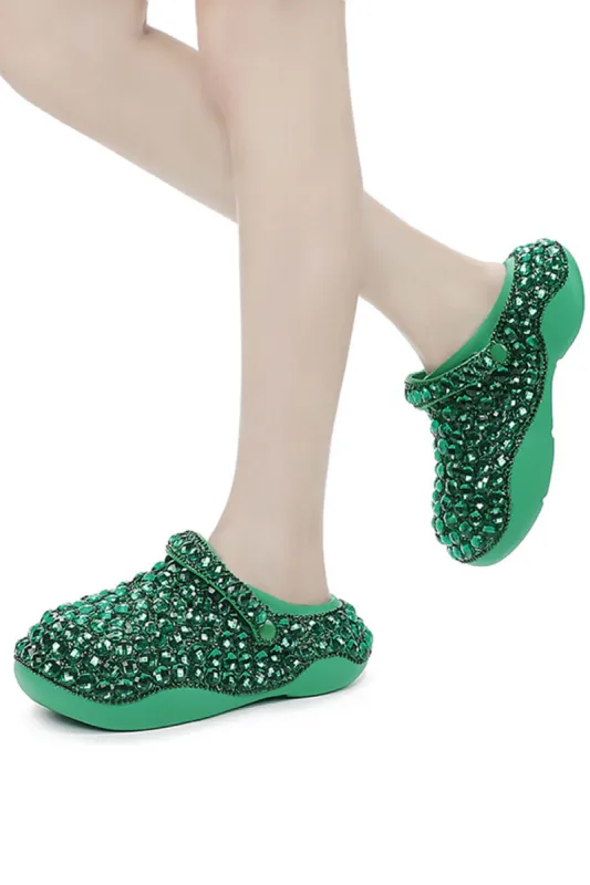 Rhinestone-Embellished Rubber Sling Back Slip On Platform Clogs - Green sold by Floralkini