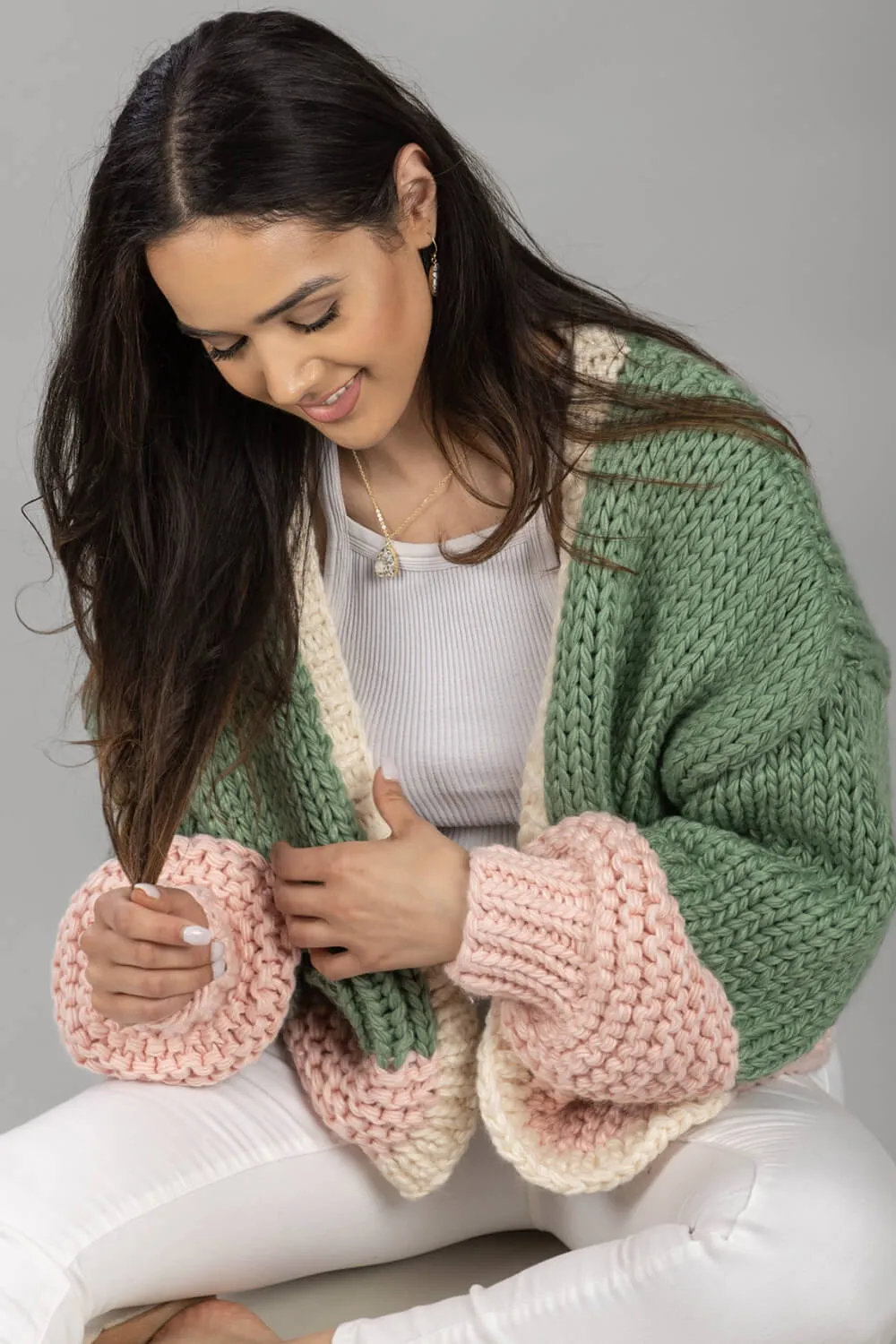 Balloon Sleeve Open Front Pouch-Pocket Chunky Knit Cardigan sold by Floralkini product image thumbnail 5
