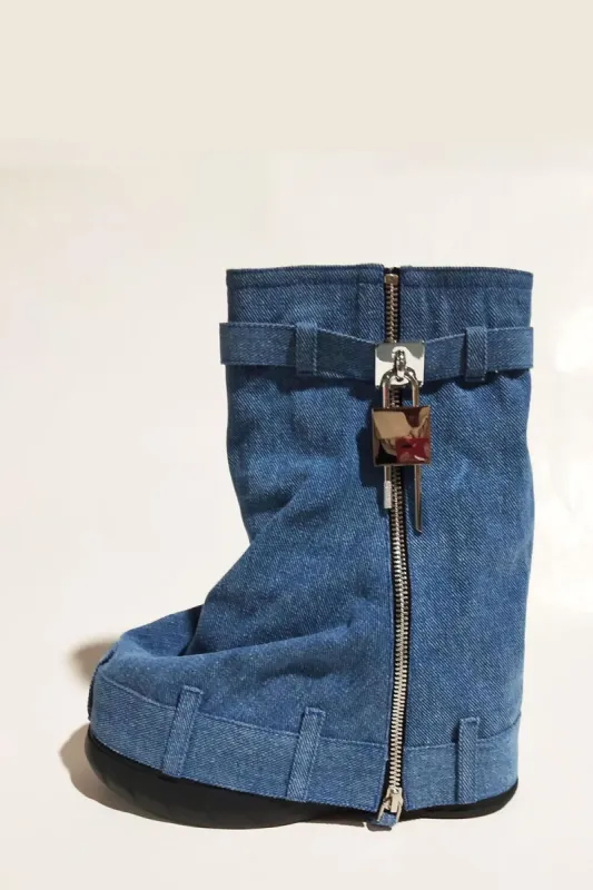 Wrapped Denim Padlock Detail Folded Wedge Heel Mid Calf Chunky Biker Boots - Dark Blue sold by Floralkini