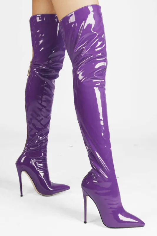Patent Over The Knee Thigh High Stiletto Boots - Purple/Hot Pink/Lime sold by Floralkini