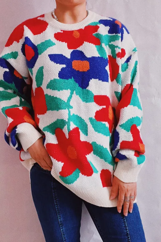 Blue Vanilla White Floral Knit Oversized Jumper sold by Floralkini