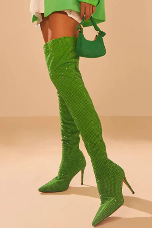 Point Toe Diamante Over The Knee Stiletto Boots - Lime sold by Floralkini