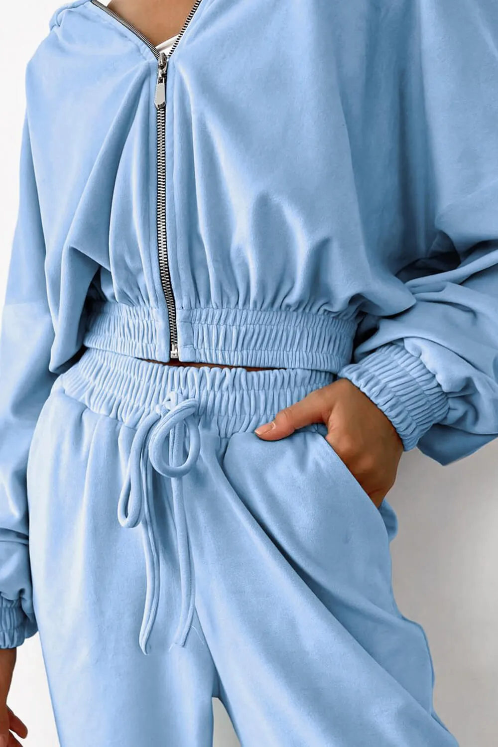 Velour Zip Through Hoodie And Straight Leg Sweatpants Set sold by Floralkini product image thumbnail 3