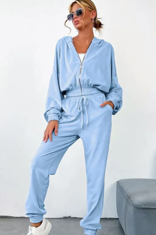 Velour Zip Through Hoodie And Straight Leg Sweatpants Set sold by Floralkini