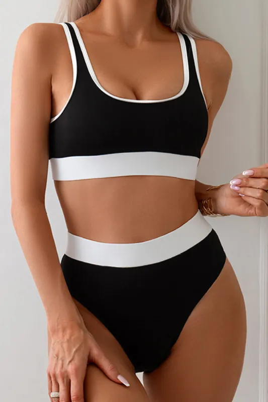 Color Block Rib Sporty High Waisted Bikini Set - Black sold by Floralkini