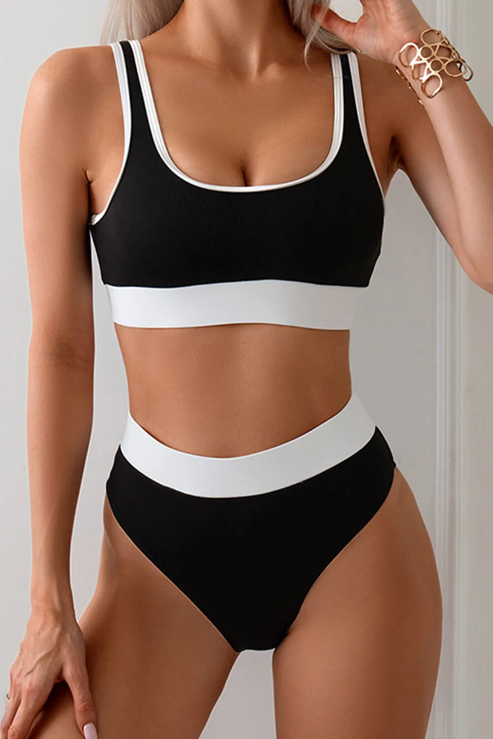 Color Block Rib Sporty High Waisted Bikini Set - Black sold by Floralkini product image thumbnail 2