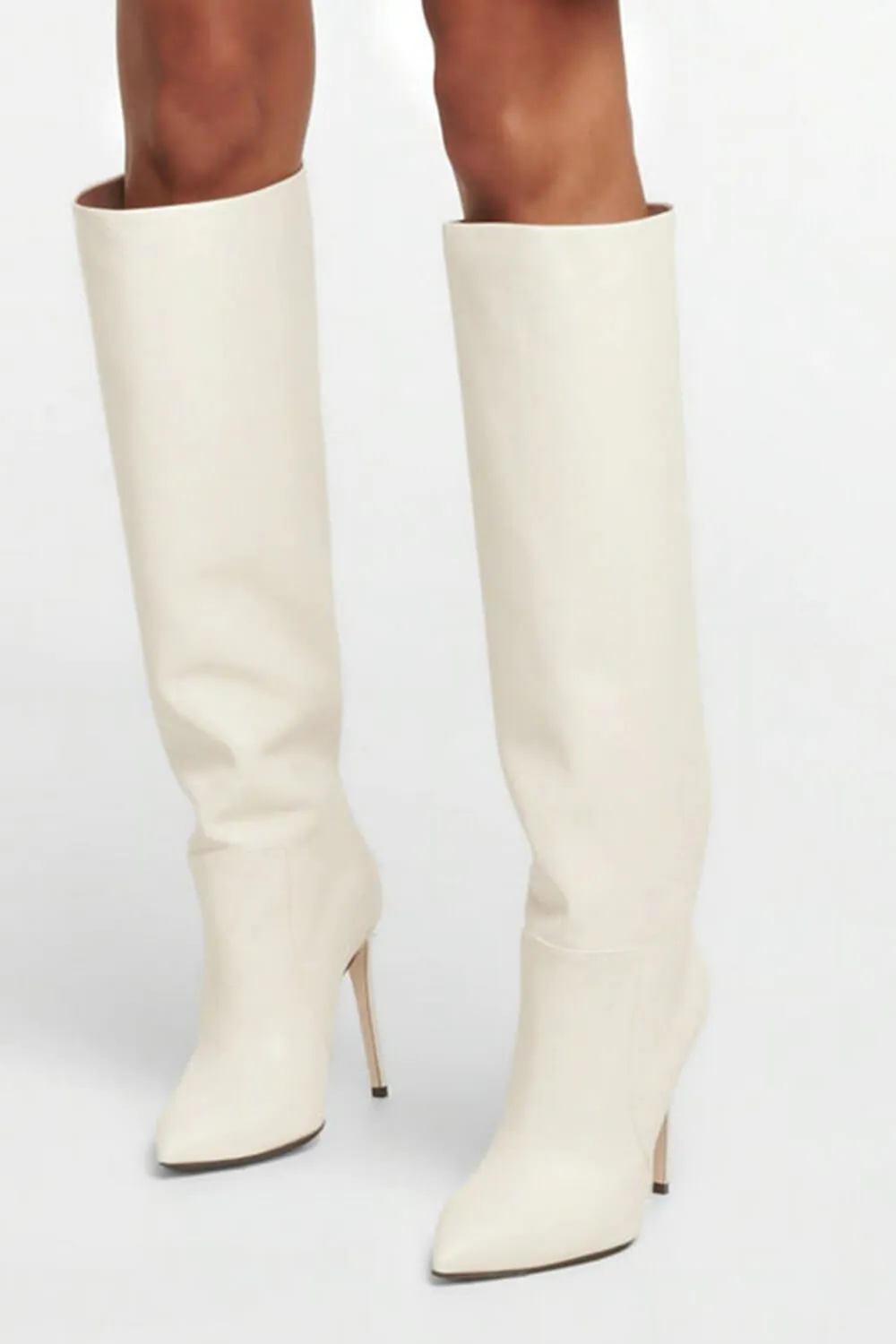 Leather Pointed Toe Ruched Knee-High Boots - White sold by Floralkini