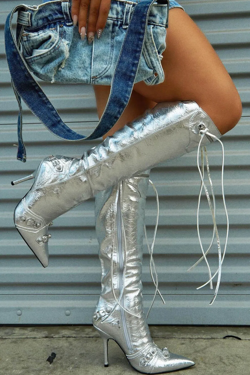 Metallic High Pointed Toe Stiletto Boots With Studs And Pin Buckle Strap Details - Silver sold by Floralkini product image thumbnail 2