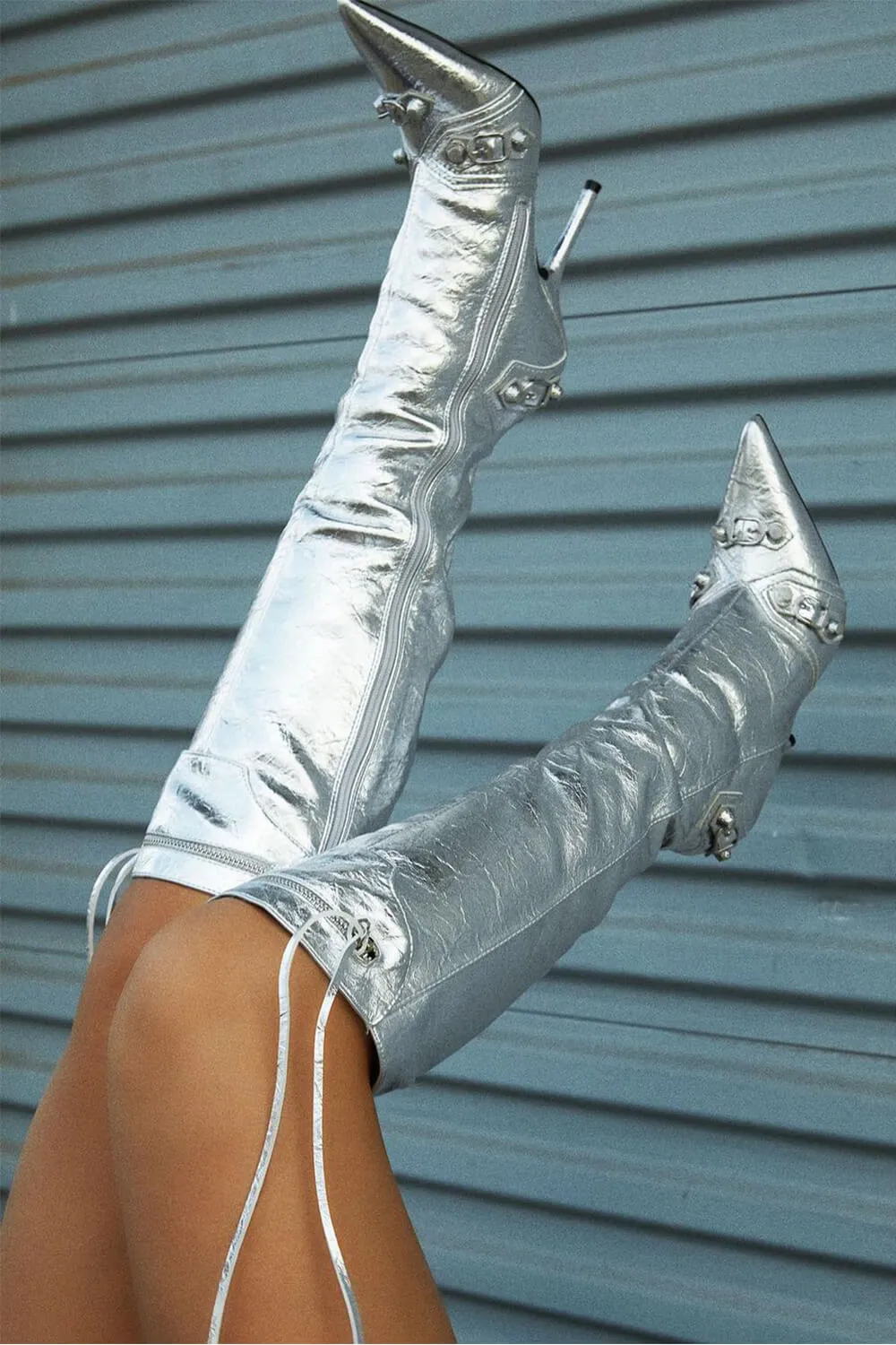 Metallic High Pointed Toe Stiletto Boots With Studs And Pin Buckle Strap Details - Silver sold by Floralkini product image thumbnail 4