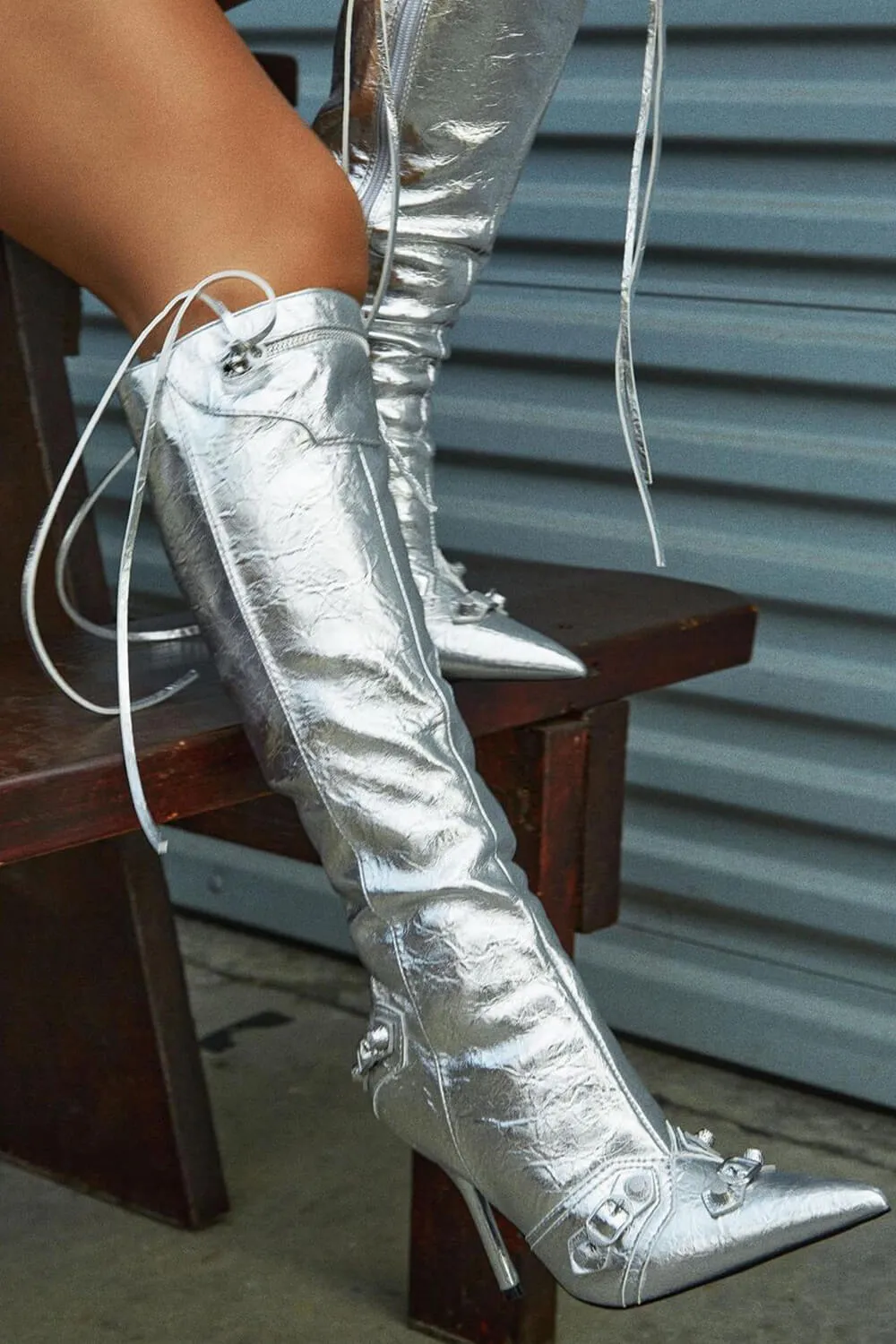 Metallic High Pointed Toe Stiletto Boots With Studs And Pin Buckle Strap Details - Silver sold by Floralkini product image thumbnail 3