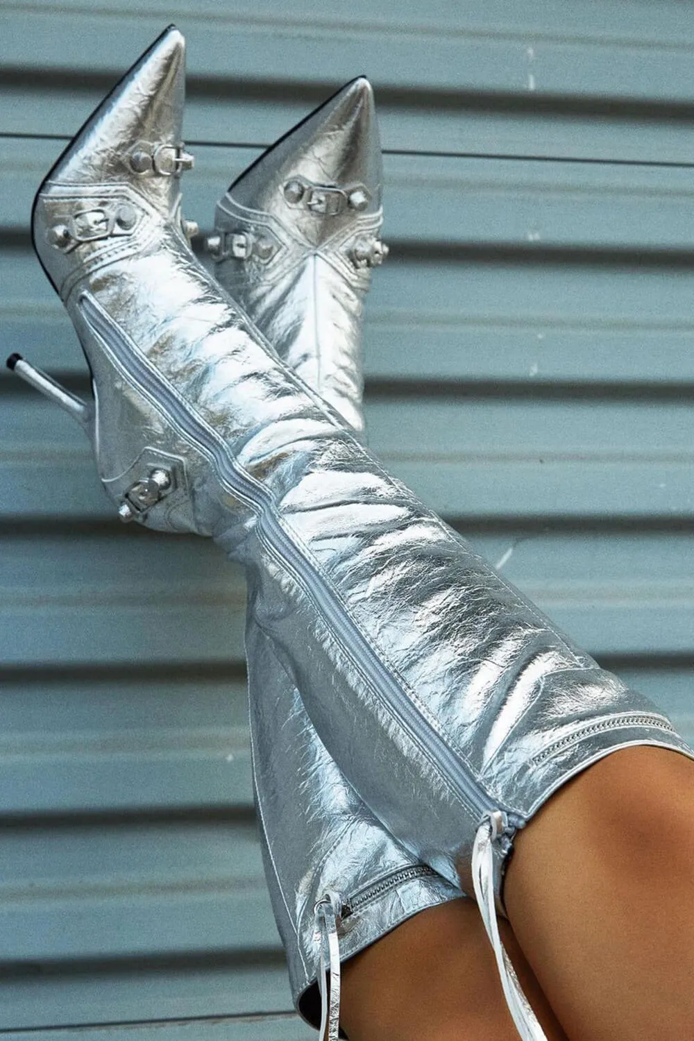 Metallic High Pointed Toe Stiletto Boots With Studs And Pin Buckle Strap Details - Silver sold by Floralkini product image thumbnail 5
