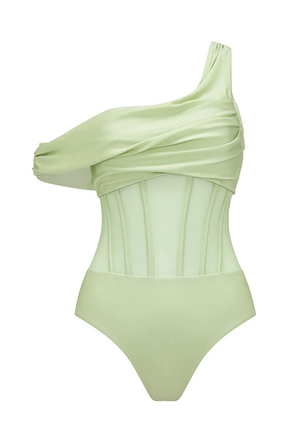 Pistachio Green Asymmetric Mesh Corset One Piece Swimsuit sold by Floralkini product image thumbnail 2