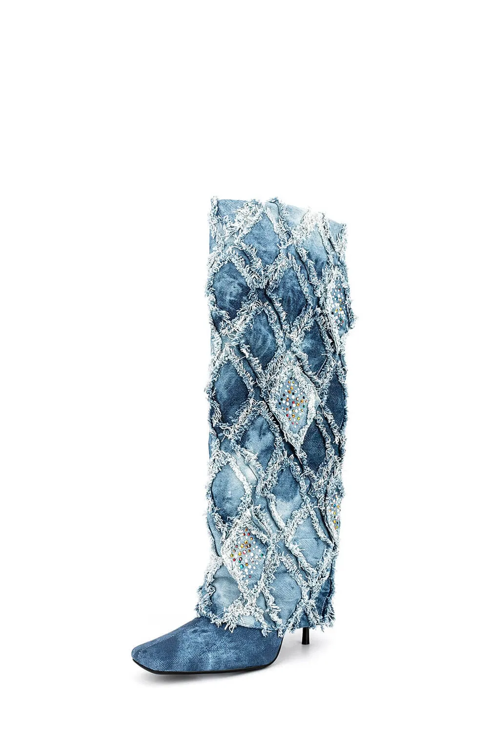 Denim Patchwork Folded Crystal Square Toe Knee High Stiletto Long Boots sold by Floralkini product image thumbnail 3